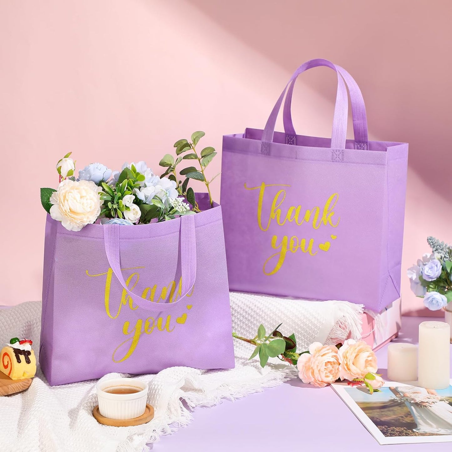 Sweetude 30 Pcs Thank You Gift Bags with Handles Bulk Reusable Goodie Bag Non Woven Foldable Handbag for Graduation Wedding Bridesmaid Gifts(11 x 12 x 5 Inch,Purple)