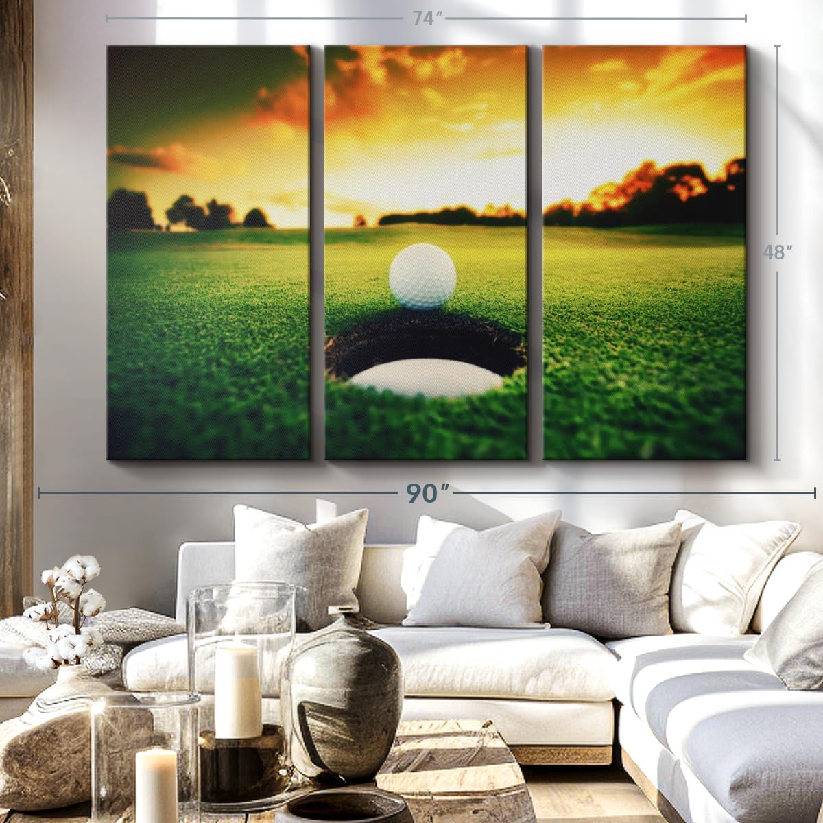 ElephantStock Golf Ball Wall Art - Horizontal Canvas - 3-Piece Living Room Wall Decor - Photography Sports Canvas Print - Orange and Yellow Decor for Wall - 74" X 48"