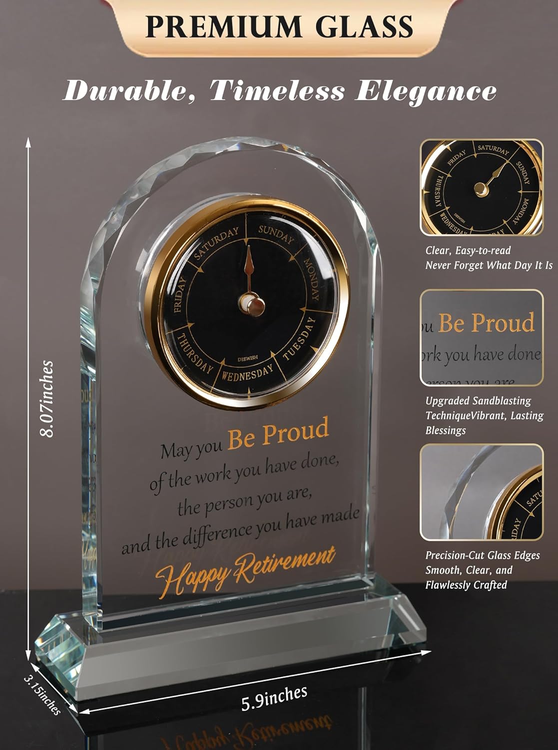 DEEWISH Retirement Gift for Women Men, Days of The Week Desk Clock, Happy Retirement Plaque Gifts for Coworkers Boss, Going Away Gift for Retired Friends, Farewell Presents for Teacher Doctor Nurses