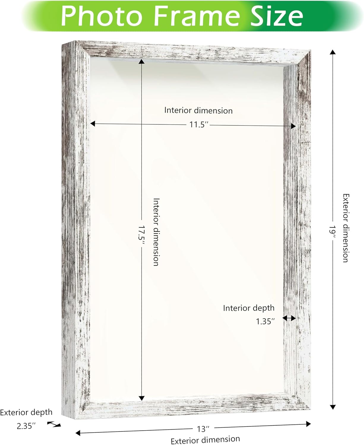 FrameWorks 12" x 18" White Driftwood Wooden Shadow Box Frame – Soft Felt Back, Tempered Glass, and Included Elegant White Ball Push Pins