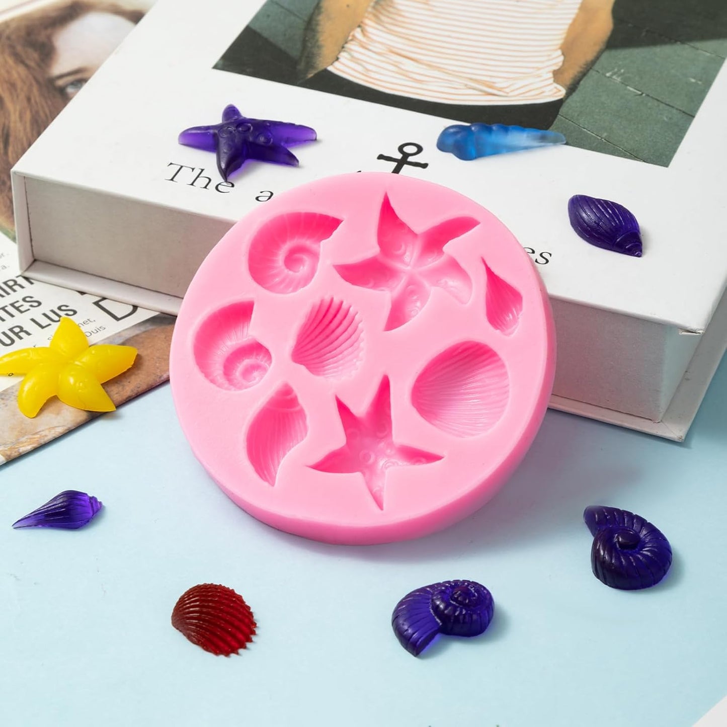 Elfkitwang Marine Theme Fondant Silicone Mold,Seashell,conch, Mermaid Tail,Seahorse,starfish,coral, DIY Handmade Baking Tools for Mermaid Theme Cake Decoration