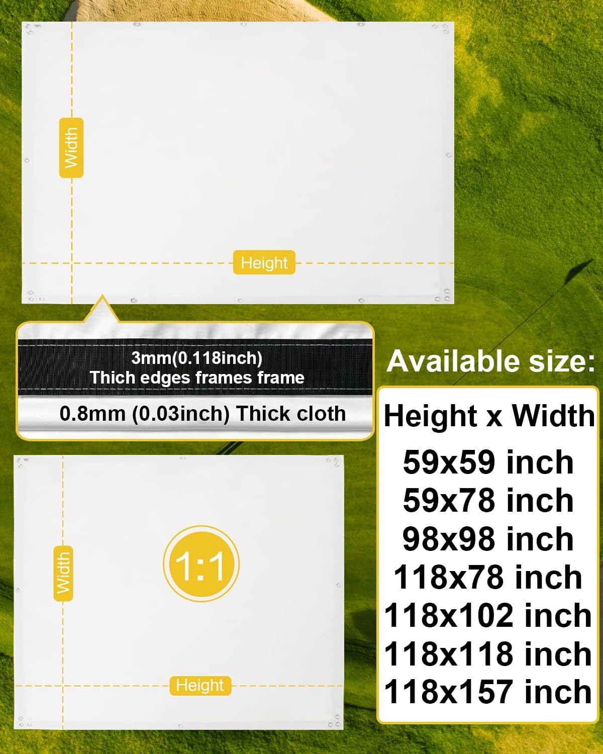 Golf Simulator Impact Screen（118 * 78 98 * 98 118 * 118 118 * 138） for Golf Training, Indoor Golf Simulators, Washable Golf Impact Screen for Golf Practice