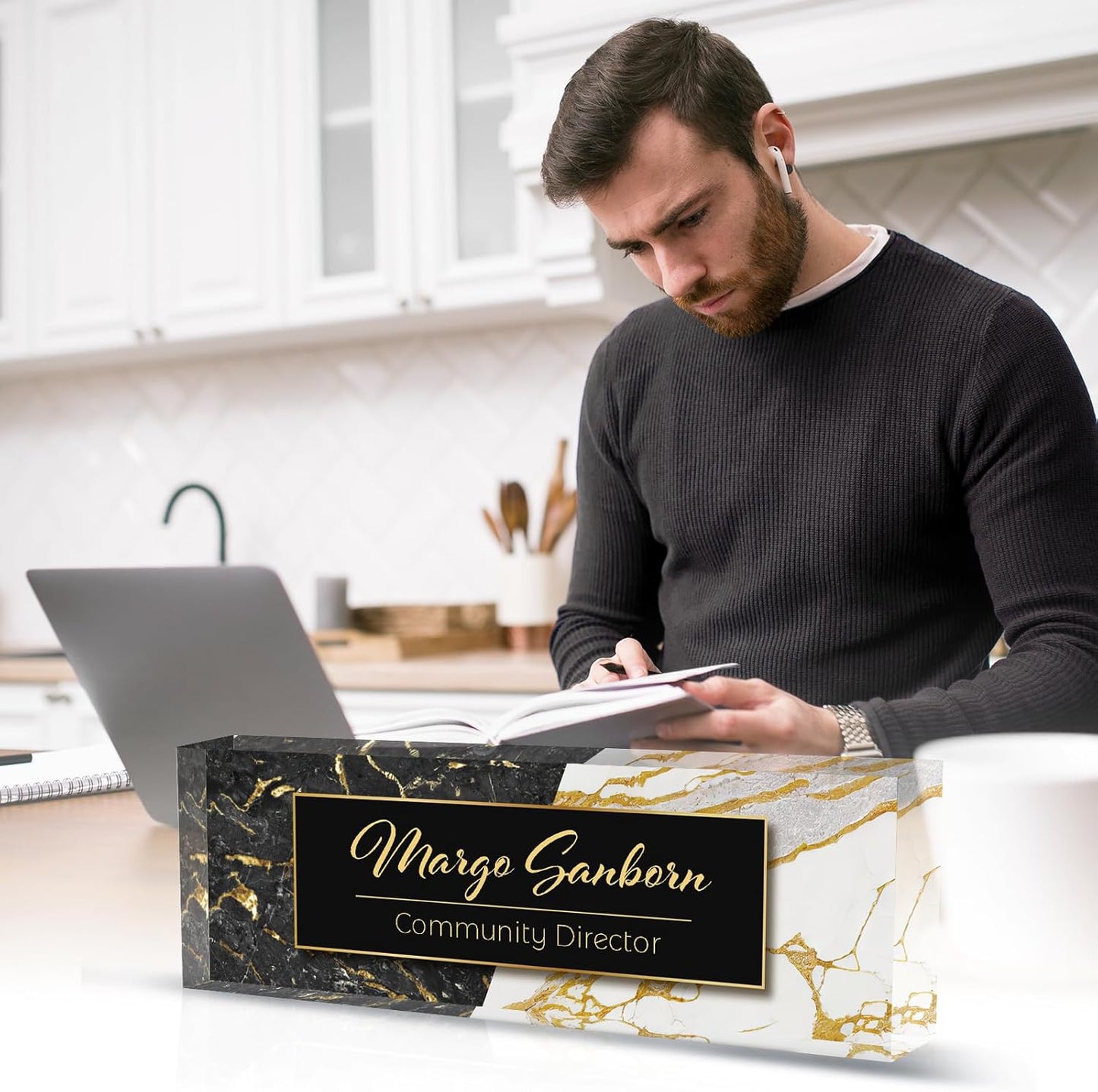 Personalized Name Plate for Desk Custom Acrylic Desk Name Plate Custom Employee Appreciation Gifts Office Gifts for Women, Men, Boss, Coworkers, Teacher, Nurse (A-Black & White Marble)