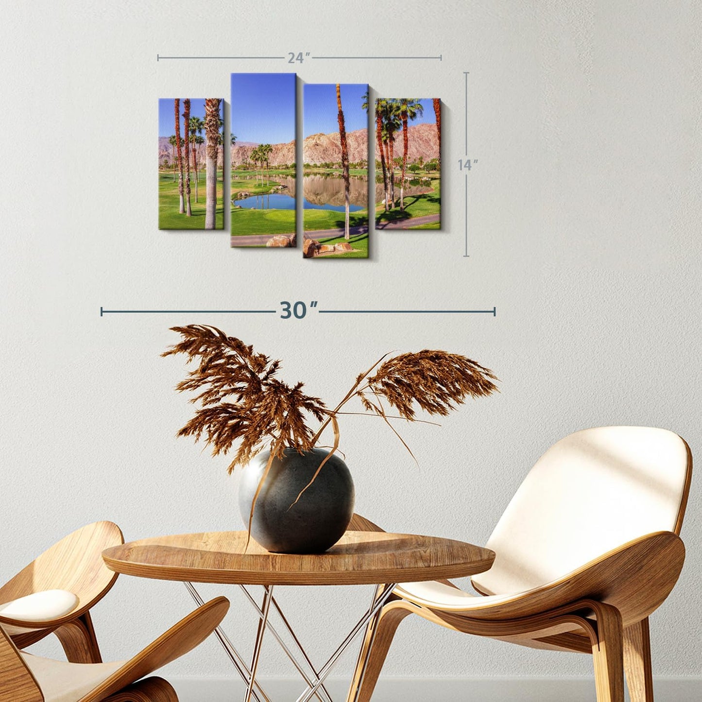 ElephantStock La Quinta Golf Course Wall Art - Horizontal Canvas - 4-Piece Living Room Wall Decor - Photography Sports Canvas Print - Beige and Brown Decor for Wall - 24" X 14"