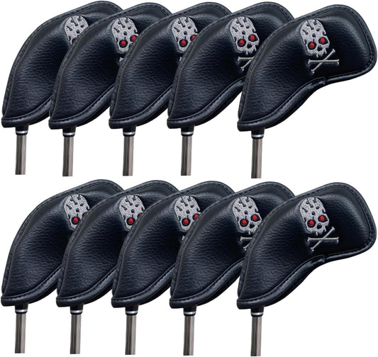 Premium PU Leather Golf Headcovers Set - 10pcs Skull Skeleton Iron Headcovers #3-9, PW, SW, AW - Black Club Protective Case