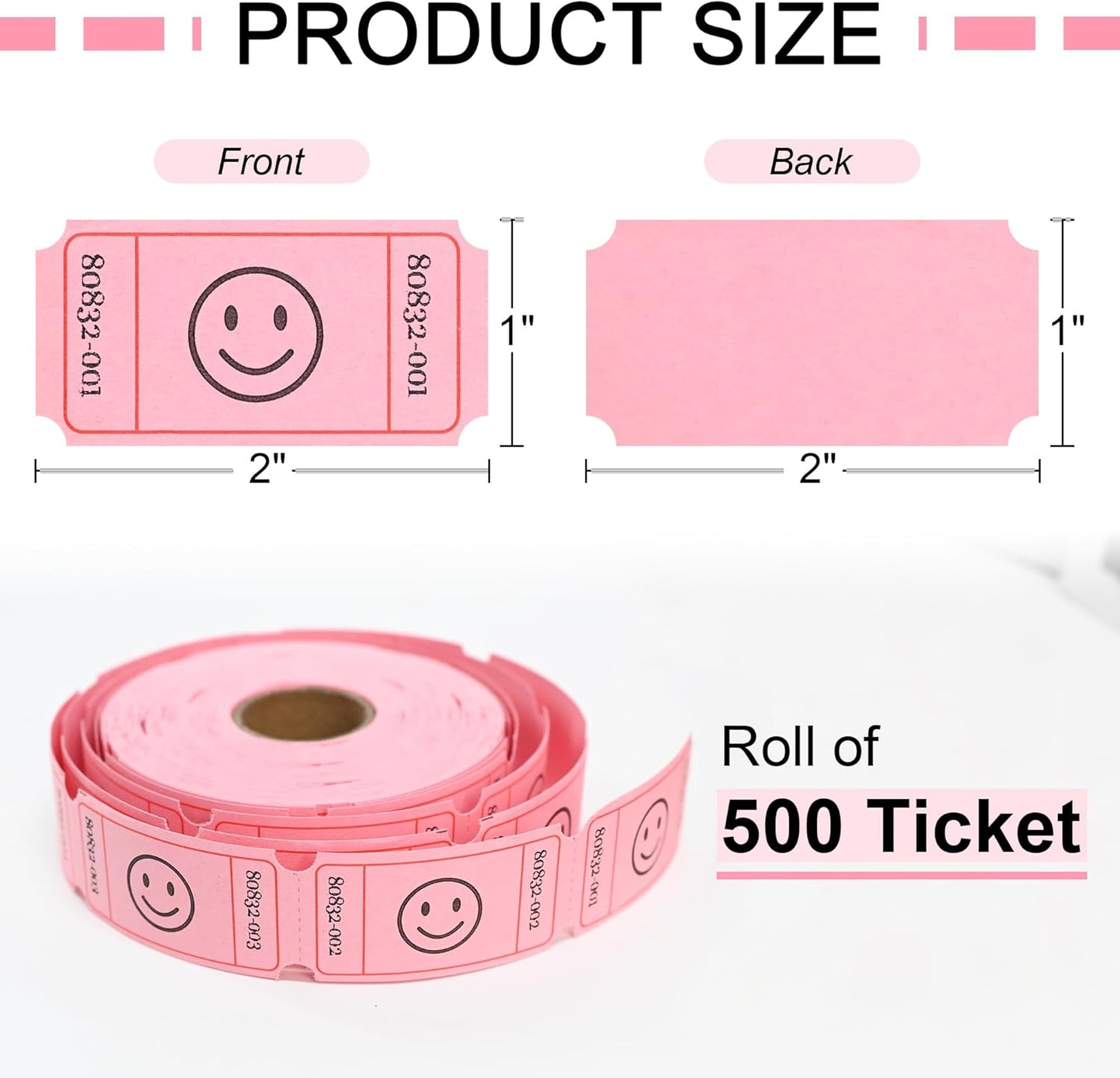 L LIKED 500 Raffle Tickets, Smile, Pink (6 Color Selection), Raffle Ticket Single Roll,Ticket for Events,Carnivals, Entry, Class Reward, Prizes