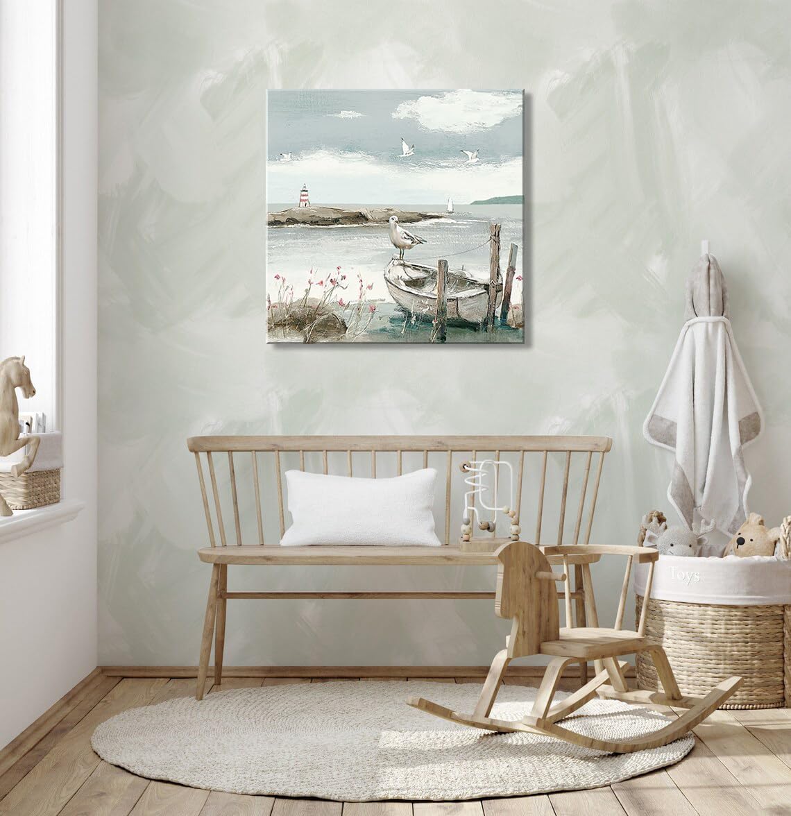 dgbtcart Coastal Bathroom Decor Vintage Ocean Theme Wall Art Sea Birds Seagull on the Boat Canvas Print Seascape Beach Pictures Artwork Hanging for Dining Office Living Room Bedroom 20"x20"inch