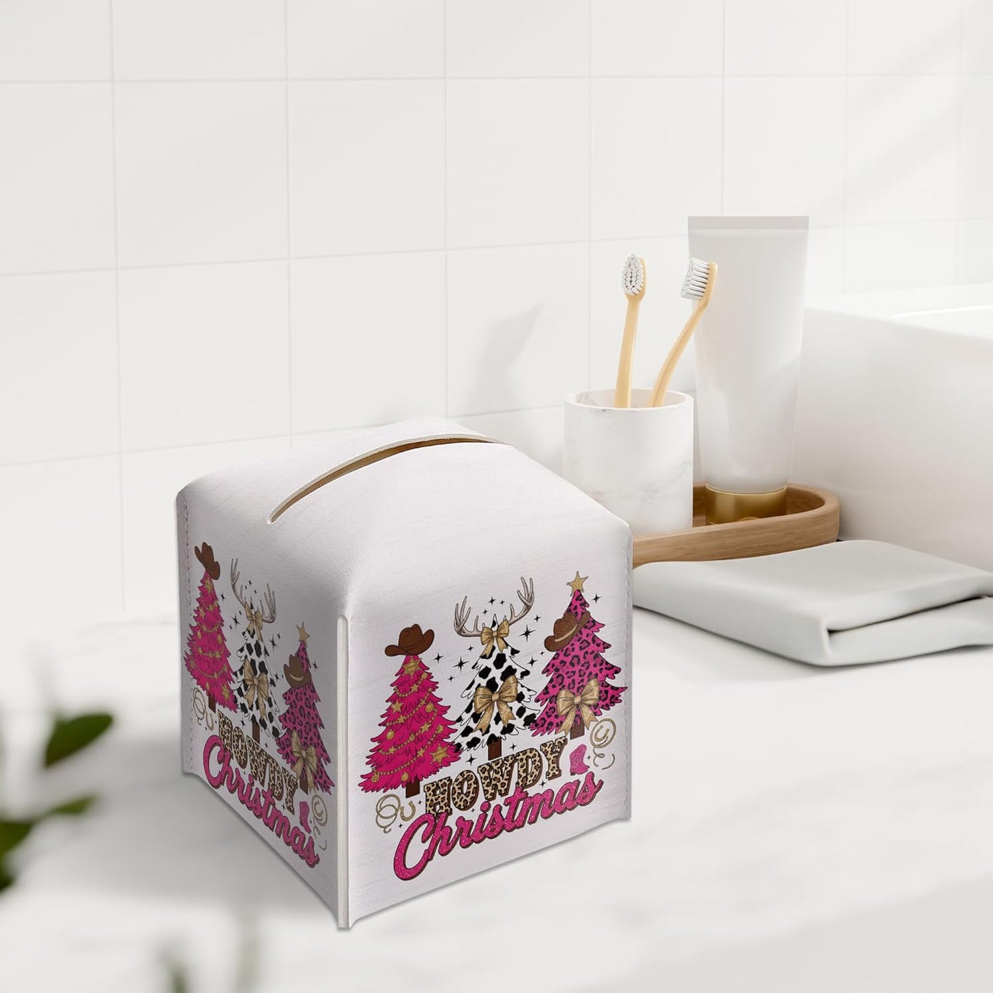 Christmas Tissue Box Holder, Pink Western Cowboy Christmas Trees Leather Tissue Box Cover Square, Paper Facial Decorative Tissues Cover for Night Stands Bathroom Office Home Decor-B08