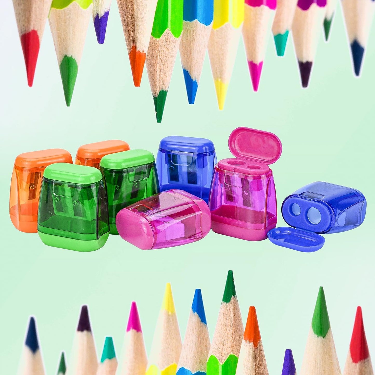 AUSTARK 24Pcs Pencil Sharpener Manual, Assorted Color Small Dual Hole Pencil Sharpeners Bulk with Lid for School Office Home (Geometry-24)