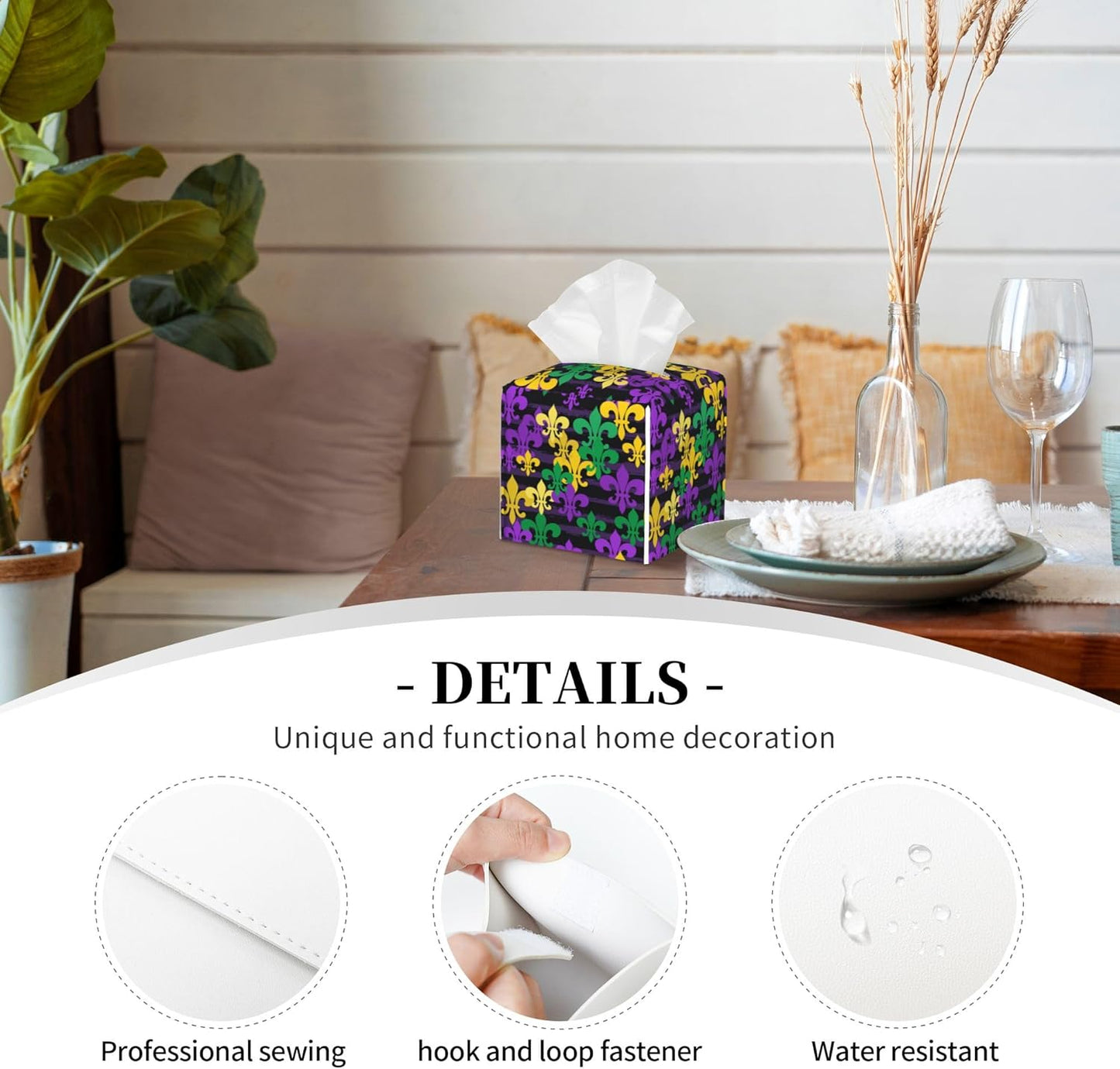 Tissue Box Cover Holder, Mardi Gras Carnival PU Leather Square Tissue Box Cover Decorative Organizer for Bathroom Kitchen Bedroom Vanity Countertop Night Stands