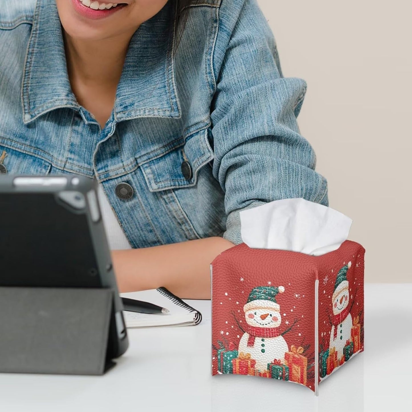 Christmas Tissue Box Cover Cube Cute Snowman PU Leather Decorative Tissue Box Holder Square Funny Tissue Case Cover Holiday Home Bathroom Accessories for Bedroom Living Room