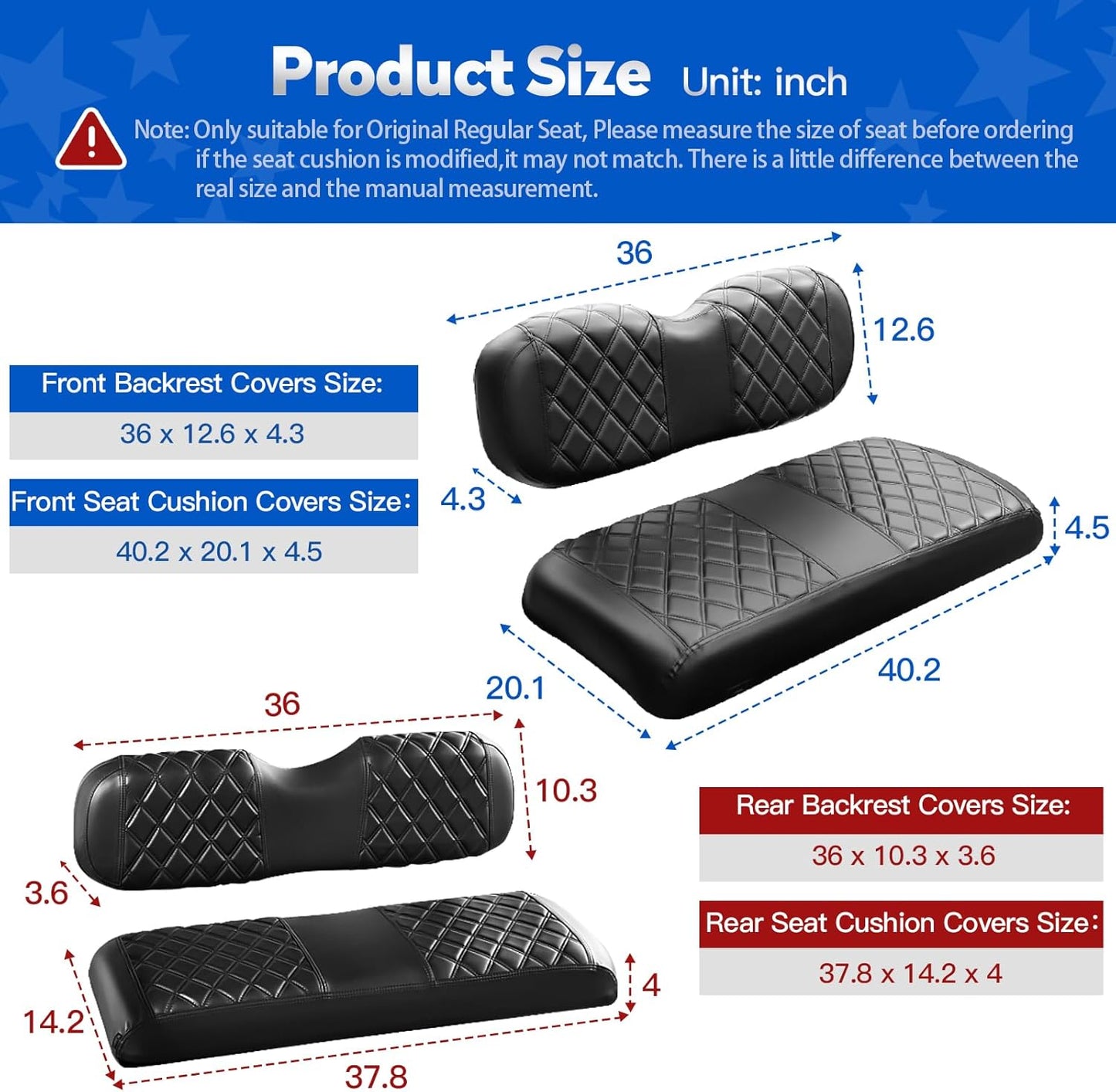 NOKINS 4PCS Golf Cart Diamond Seat Covers Kit, Front and Rear Seat Covers Fits EZGO Freedom TXT-T48 2014+ Standard Seat Cushion, Durable Breathable Vinyl (Black&Black Stitching)