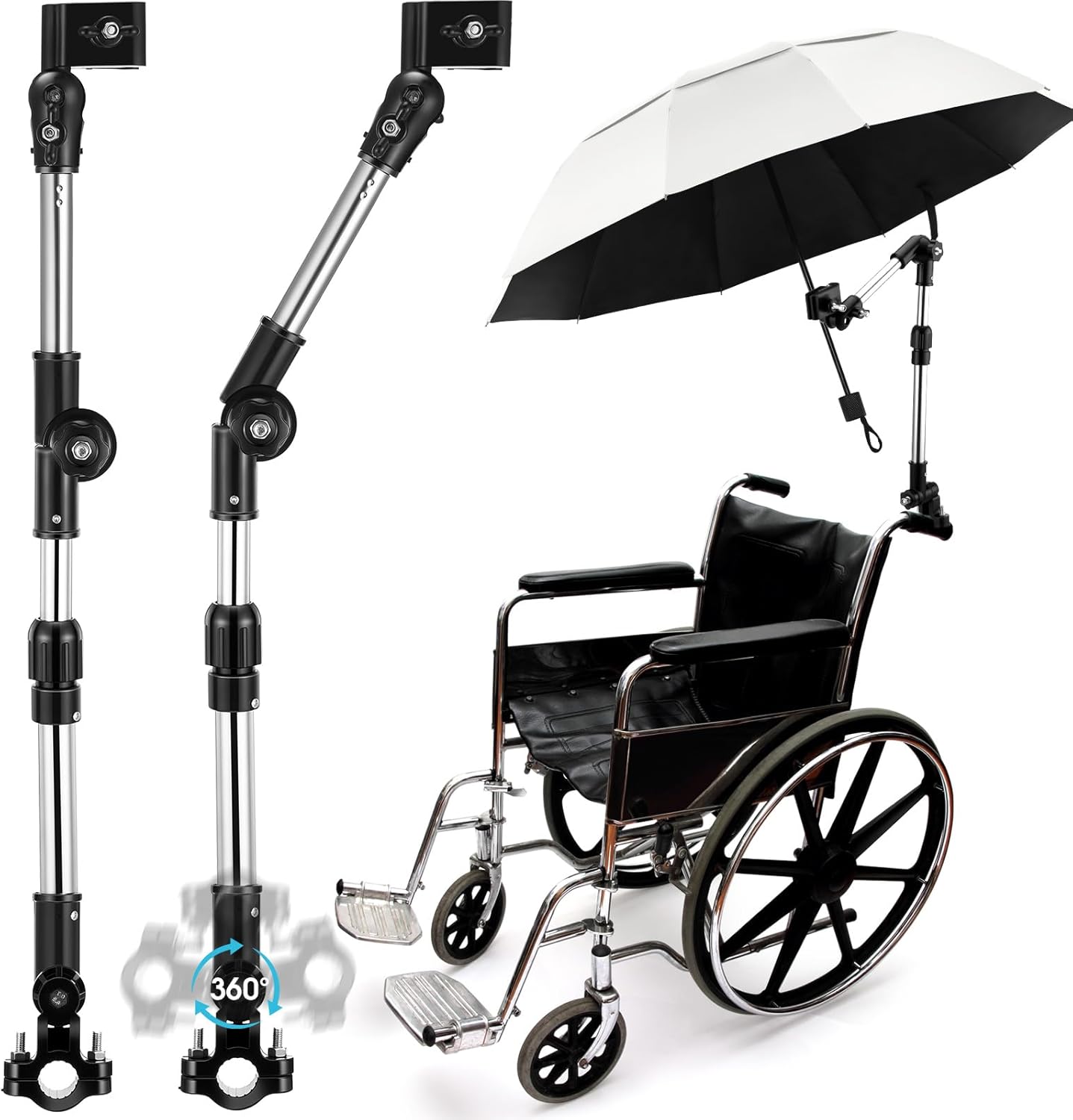 2 Set Adjustable Umbrella Clamp for Chair and Wrenches Universal Clip on Wheelchair Umbrella Mount Holder for Stroller, Golf Cart, Beach Chair, Bicycle, Bleacher, Patio, Fishing