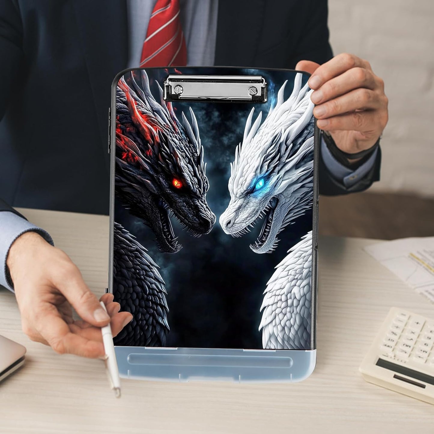 Clipboard with Storage - Large Capacity,Nursing Clipboard with Pen Holder,Heavy Duty,Plastic Side-Opening Folder for Teacher,Nurse - Black White Dragon