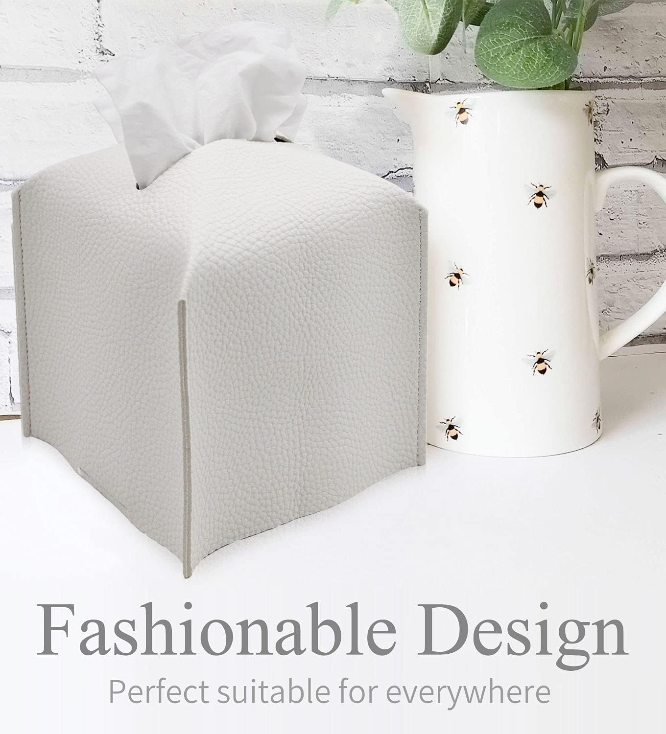 Livelab Tissue Box Cover, Square Decorative PU Leather Tissue Box Holder Modern Tissue Case Facial Paper Organizer Dispenser for Bathroom, Vanity Countertop, Night Stands, Desk 5X5X5'' | Off White