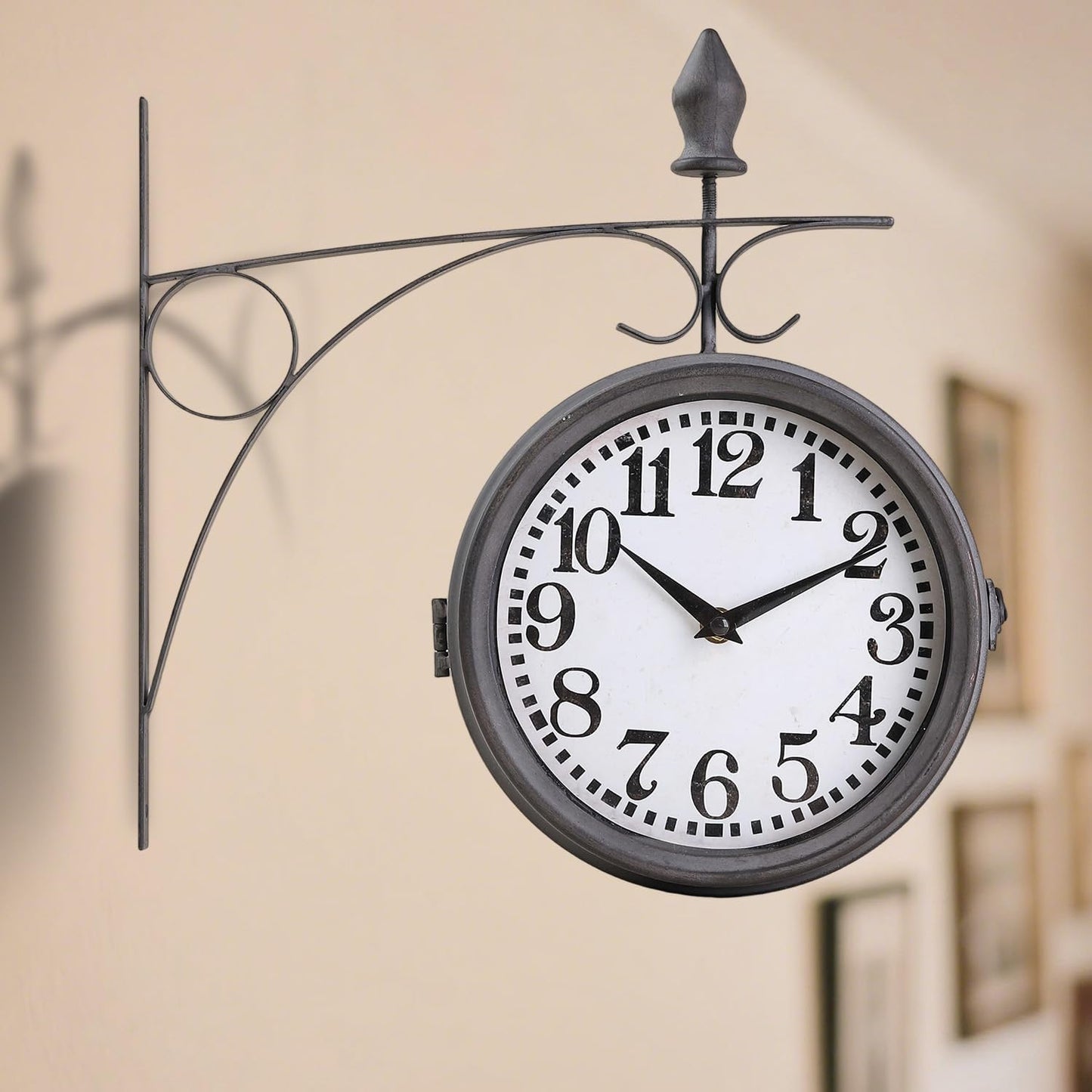 Metal Double Sided Hanging Clock with Retro Grey Sturdy Frame,Glass Lens,Silent Quartz Movement, Indoor/Outdoor Double-Sided Decorative Wall Clock for Home Décor Farmhouse Station Office Garden