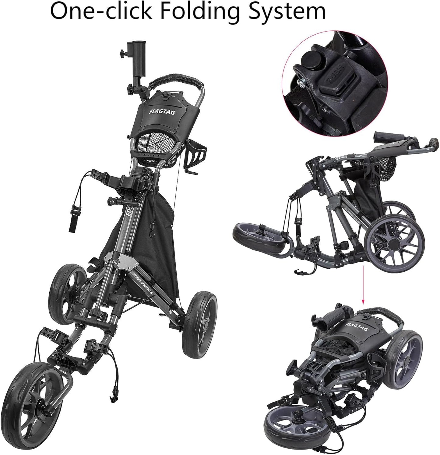 Golf Push Cart 3 Wheel,Foldable Golf Push Cart,Golf Bag Cart with Foot Brake,Umbrella Holder, Cup Holder, Storage Compartment