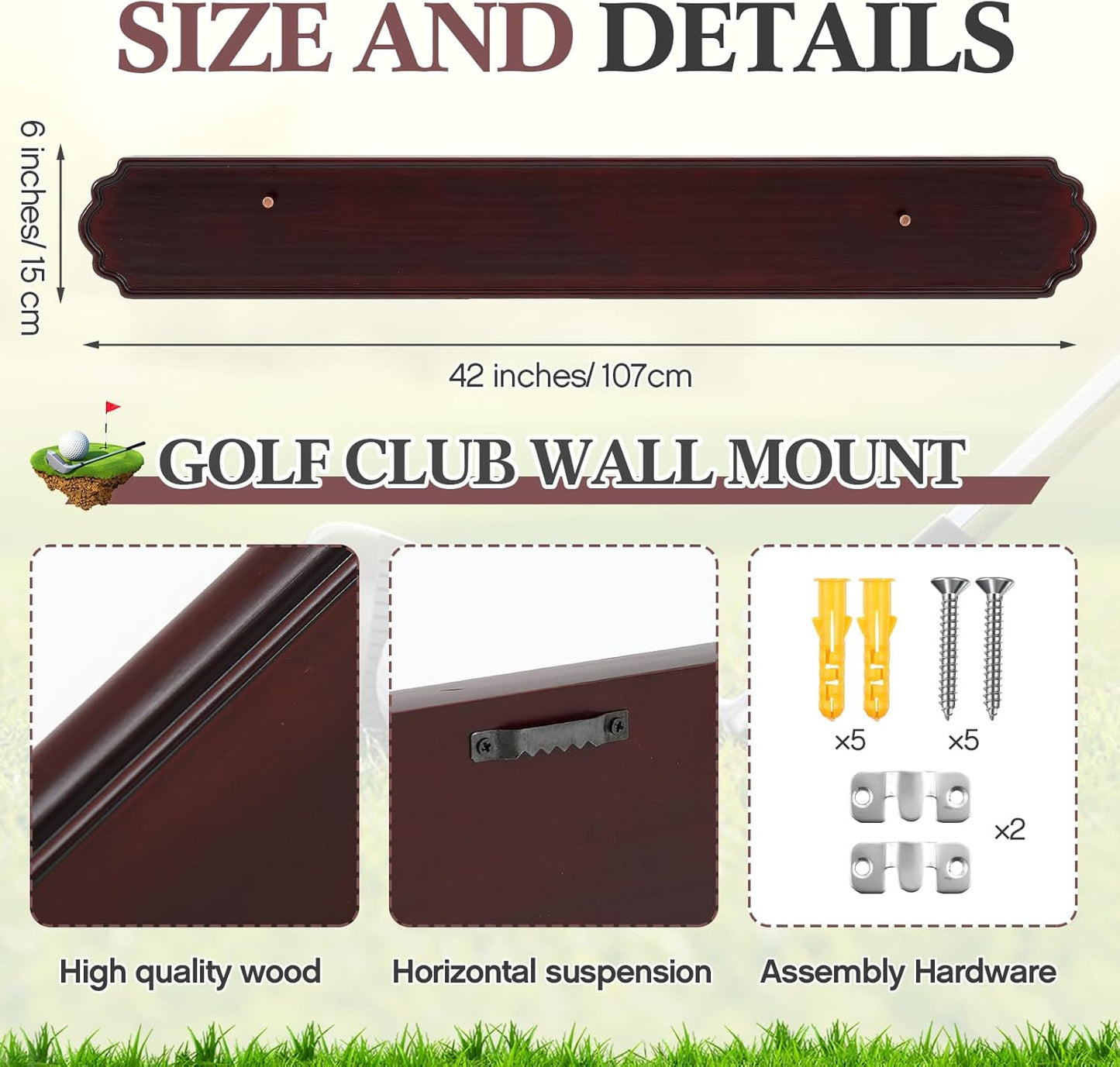 Golf Club Display Case Wall Mount Wooden 42.13 x 5.9 x 0.47 Inch Wall Mount Wooden Storage Display Rack for Antique or Vintage Golf Clubs