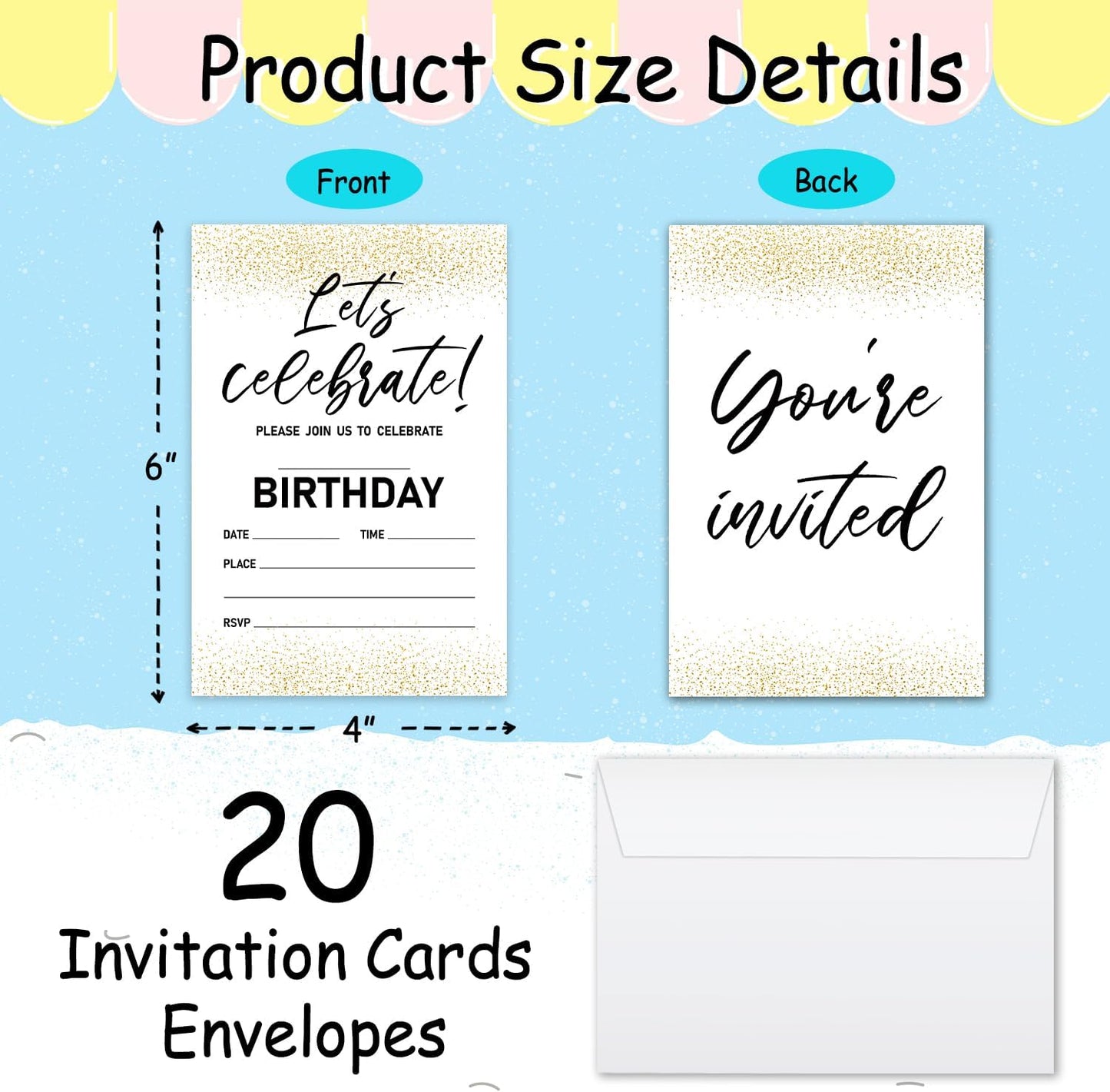 Let's Celebrate! Birthday Invitations, Gold Party Invitations, 20 Double-Sided Fill In Invitation with Envelopes for Teen Boys Girls, Invitations Cards for Birthday Party Decorations Favor - 14