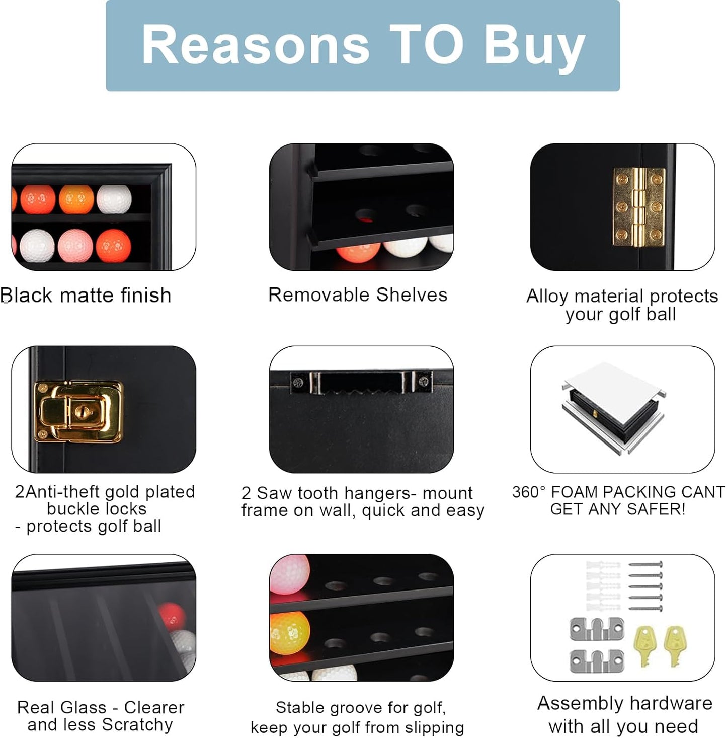 KCRasan Golf Ball Display Case - Wall Mounted Holder with Glass Door, Ideal Gift for Golf Enthusiasts