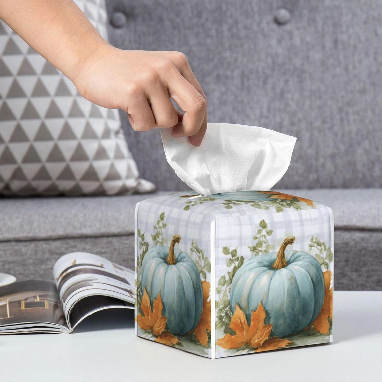 Blue Pumpkins Fall Tissue Box Cover Autumn Leaves Plaid Square Leather Tissue Holder Decorative Facial Tissue Cube Paper Cover Case Organizer for Bathroom Night Stands Desk Tabletop Living Room Home