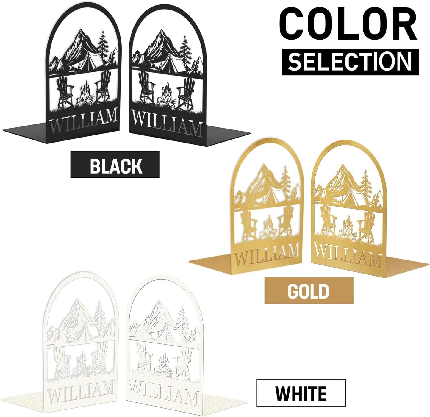 Personalized Name Metal Book Ends 2 Pcs, Modern Bookends for Shelves, Book Stopper for Heavy Books, Camping Bookshelf Decor, Book Organizer for Desk, Book Holders for Home Office, Gifts for Camper