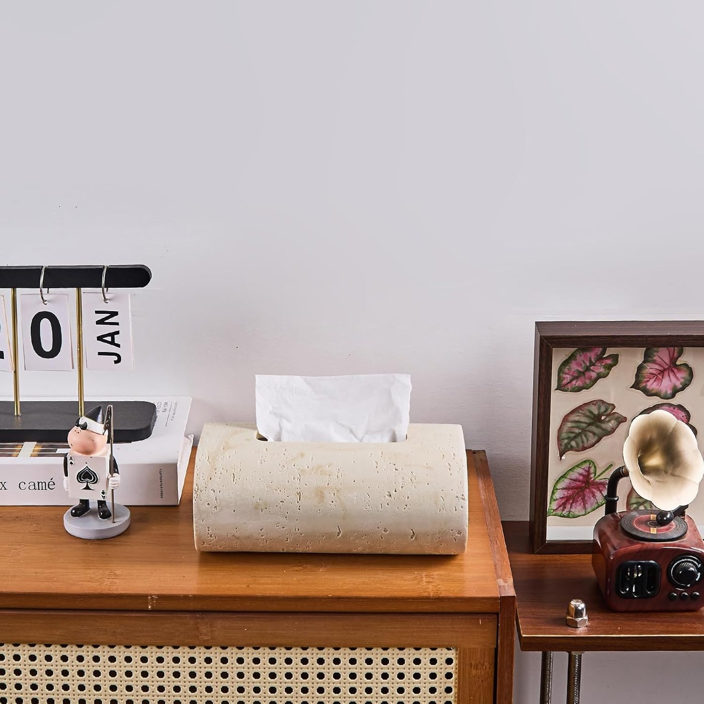 Natural Travertine Textures Tissue Box Holder Rectangle, Resin Facial Tissue Holder Cover, Decorative Bulk Tissue Paper Dispenser for Bathroom Kitchen Bedroom Living Room Office (Beige)