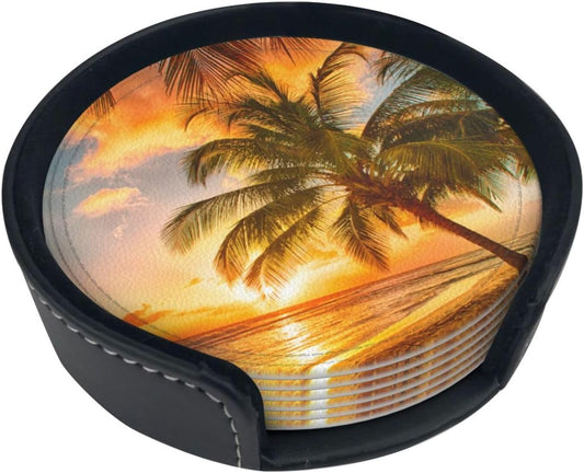 Sunset Palm Tree Tropical Beach Coasters for Drinks Round Leather Coaster with Holder Set of 6 for Tabletop Protection Desk Accessories Office Home Room Decor