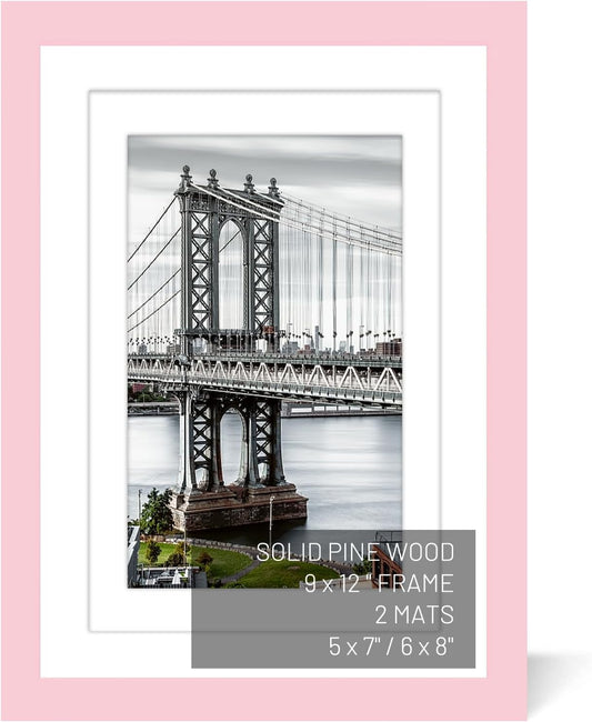9x12 Picture Frames Solid Wood Display Pictures 6x8 or 5x7, 9x12 Frame Poster Photo Frame Art with 2 Mats for Wall Mounting or Table Top (Pink)