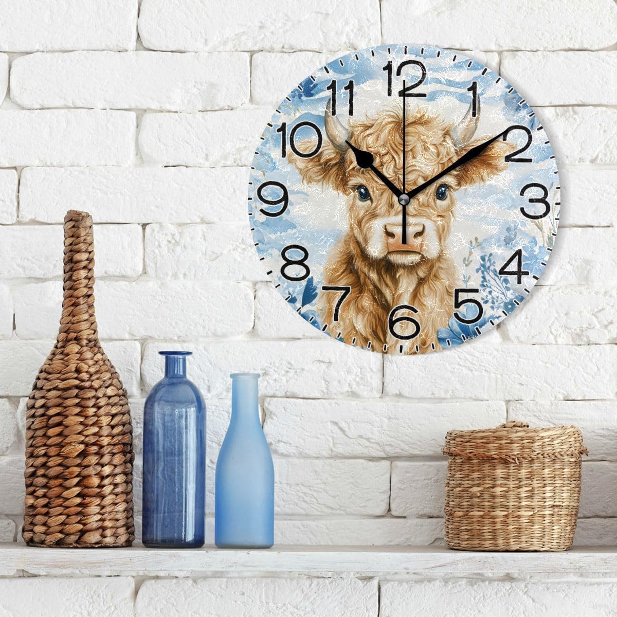ALAZA Watercolor Highland Cow Blue Flower Wall Clock Battery Operated Non Ticking Silent Quartz Analog Rustic Farmhouse Round Clock Retro Decor for Home Kitchen Living Room Bathroom