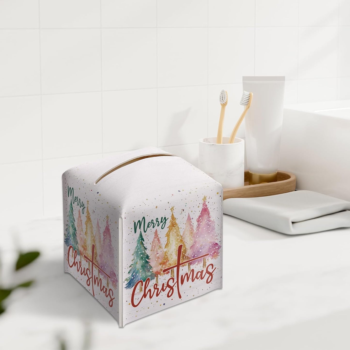 Merry Christmas Tissue Box Holder, Colorful Christmas Tree Leather Tissue Box Cover Square, Paper Facial Decorative Tissues Cover for Night Stands Bathroom Kitchen Office Home Decor-B14