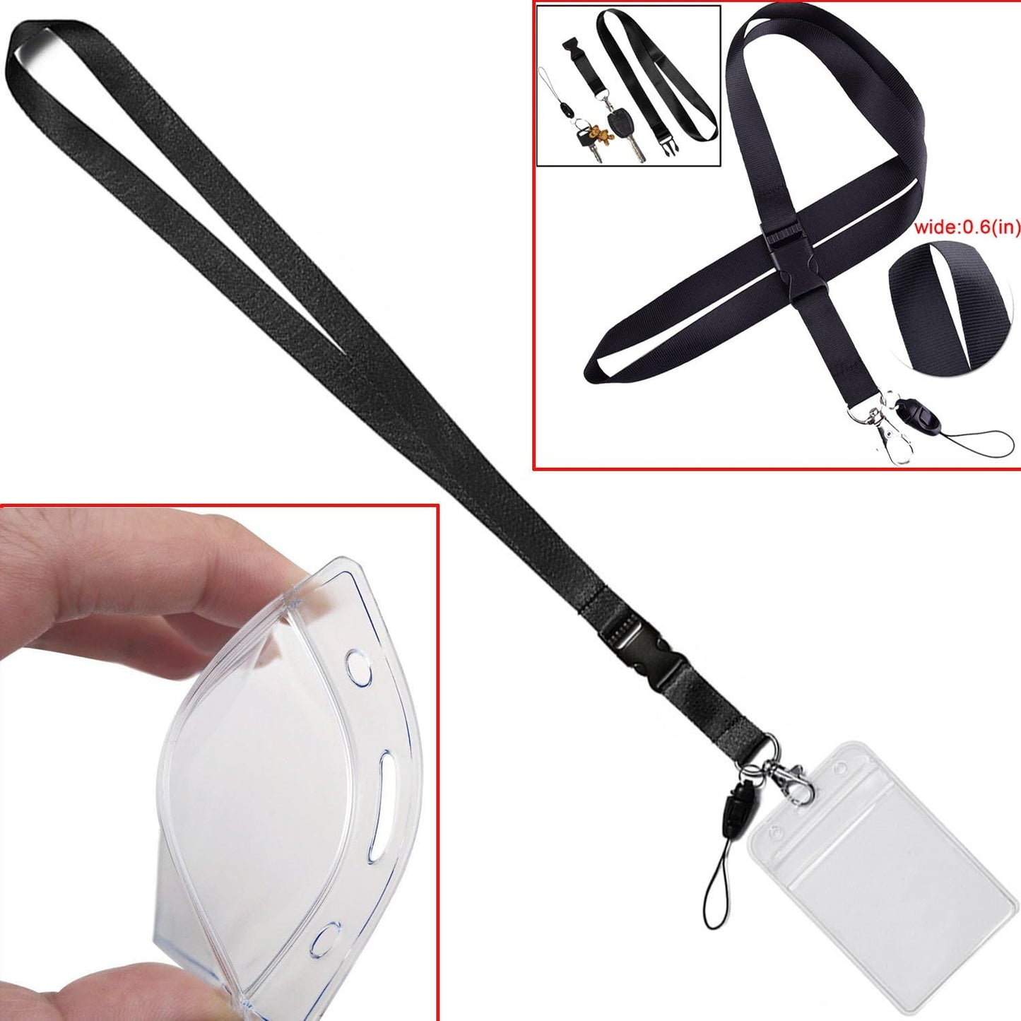 YOUOWO 1 Pack Clear ID Badge Holder Vertical with Black Lanyards,Neck Strap Detachable Buckle Enhanced Breakaway Quick Release Safety Lanyard with Name Tag Card Holders