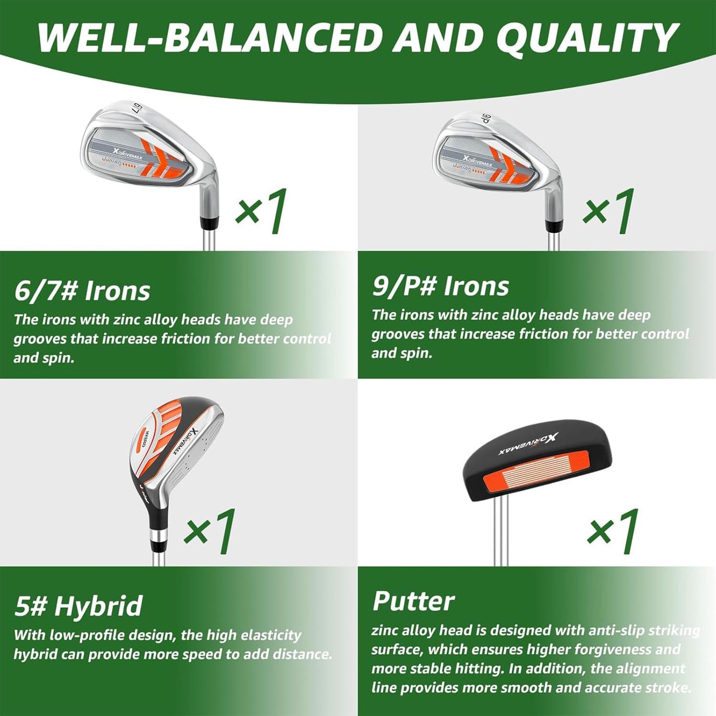 5/6 Pieces Kids Golf Club Set, Junior Golf Club Set Ages 4-12 Includes Stand Bag, 1# Drive, 5# Hybrid, 6/7#, 9/P# Irons and Putter Right Hand for Boys Girls