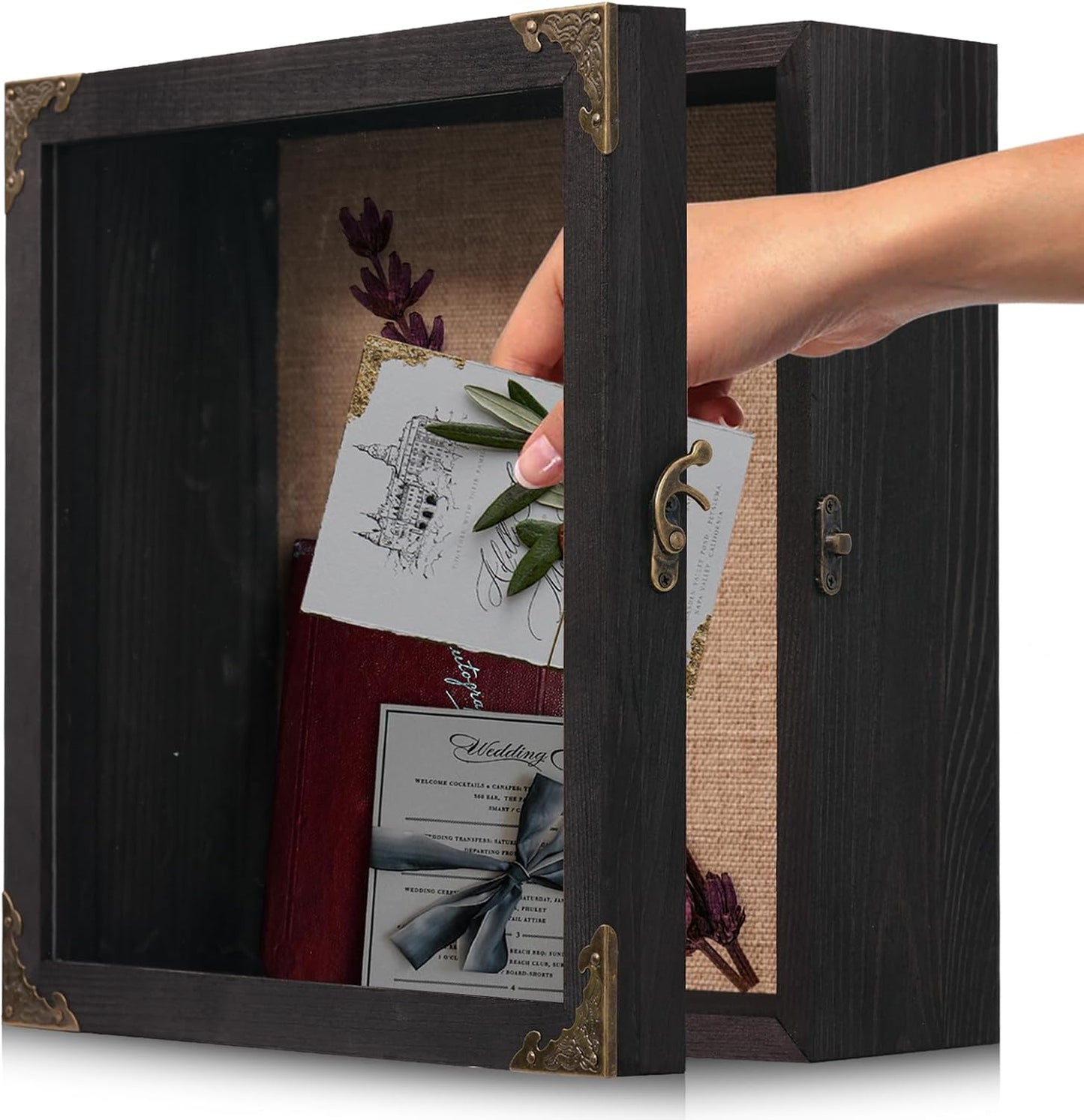 11x11 Inch Deep Shadow Box Frame 4.5" Depth, Black Solid Wood Display Case with Acrylic Door, Vintage Metal Corners, Memory Box for Medals Photos Coins Awards Wedding Keepsakes Military Memorial Gifts