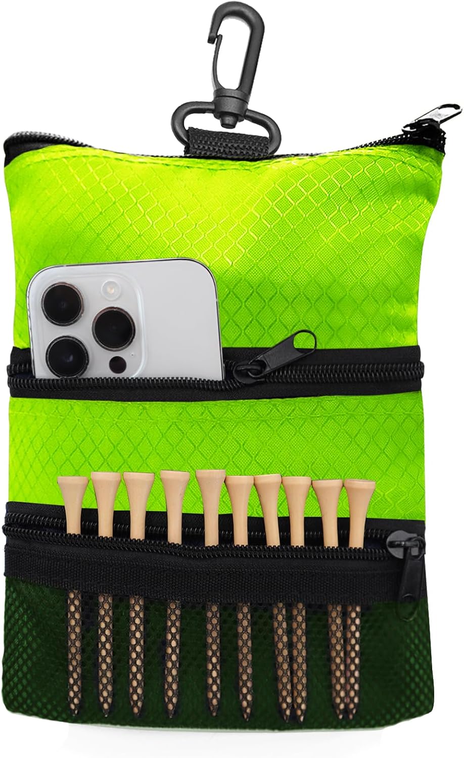 Golf Bag Accessories Valuables Pouch Bags Multi Pocket Zipper Hook with 10 Pcs Wood Golf Tees for Men Women