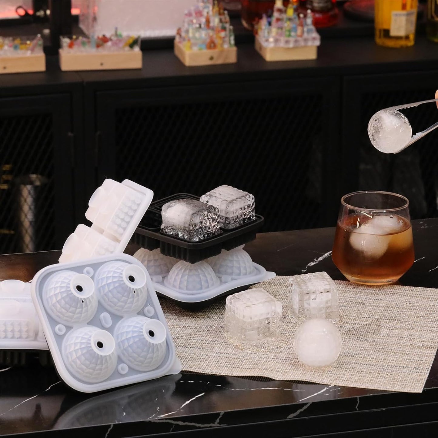 Hoolerry 2 Pcs Silicone Ice Cube Tray Large Square Sphere Golf Ice Tray 4 Hole Fun Shapes Big Ices Cube Mold with Funnel for Whiskey Cocktails Bourbon Chilling White Elephant Gifting(Square)