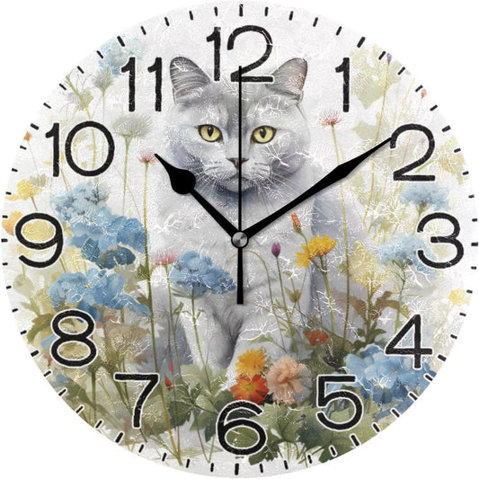 Cat with Spring Flowers Wall Clock Battery Operated Non Ticking Silent Quartz Analog Rustic Farmhouse Round Clock Retro Decor for Home Kitchen Living Room Bathroom