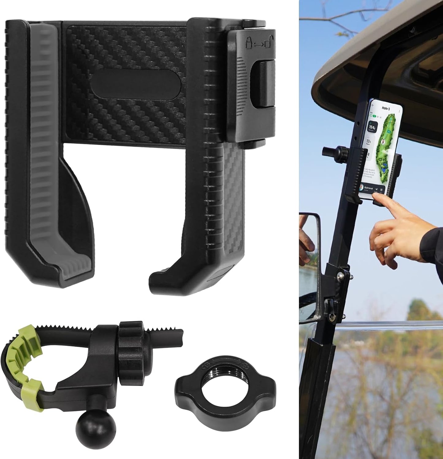 Golf Cart Phone Holder for EZGO Club Car Yamaha, Widely Use for Golf Push Cart Motorcycle Bike Treadmill Scooter Phone Mount, Compatible with iPhone/Samsung/Pixel All Phones, Golf Cart Accessories
