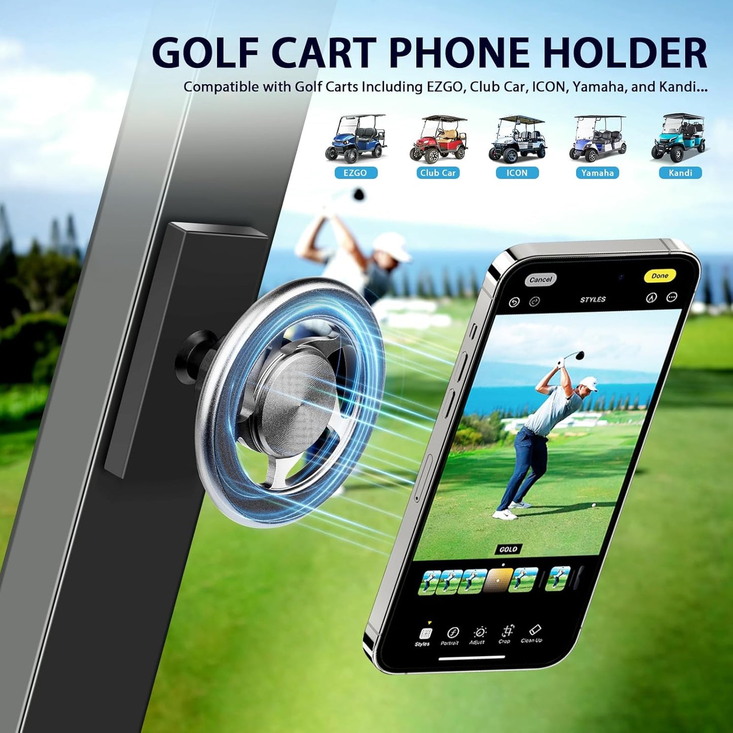 Mixsuper Golf Cart Phone Holder for Iphone 16 Pro Max 15 14 13 All Smartphones, 20× N54 Strong Magnetism Phone Holder for Golf Cart Fit the Ezgo, Club Car, Yamaha, 360 ° Rotation Golf Cart Phone Mount