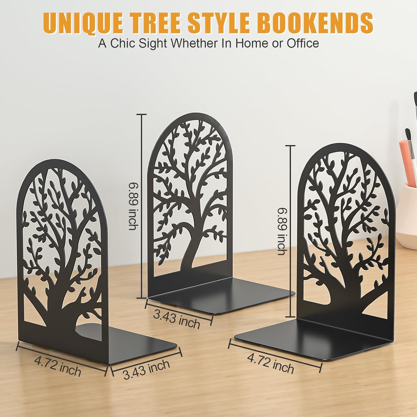 VFINE Bookend 3 Pairs, Decorative Book End, Bookends for Shelves, Desktope Book Ends, Book Stopper to Hold Books, Unique Black Metal Tree Book Holder for Home Office