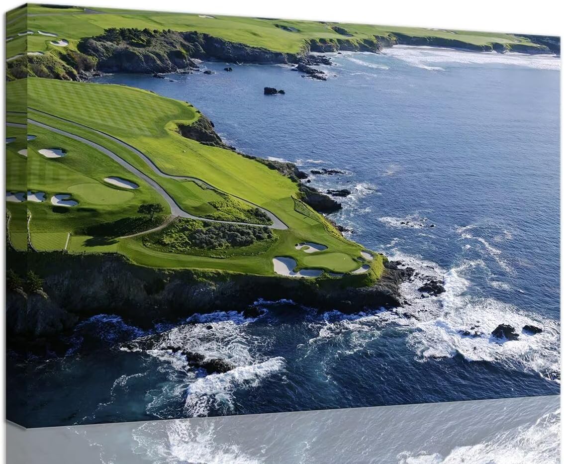 Pebble Beach Golf Course Canvas Wall Art for Living Room Bedroom Bathrooom Home Decorations California Coastal Golf Course Picture Poster Framed Artwork Ready to Hang(24''H x 36''W)