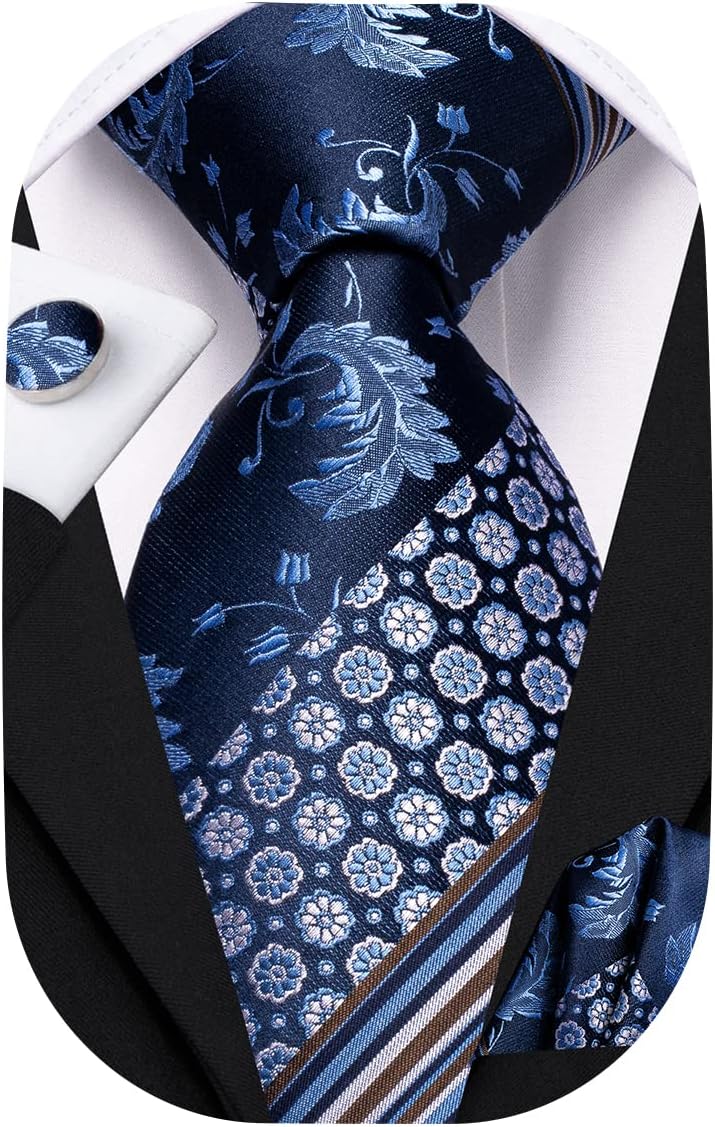 Hi-Tie Men 63inches Tie Set Extra Long Necktie Paisley Tie Pocket Suqare Cufflinks Big and Tall Men Tie