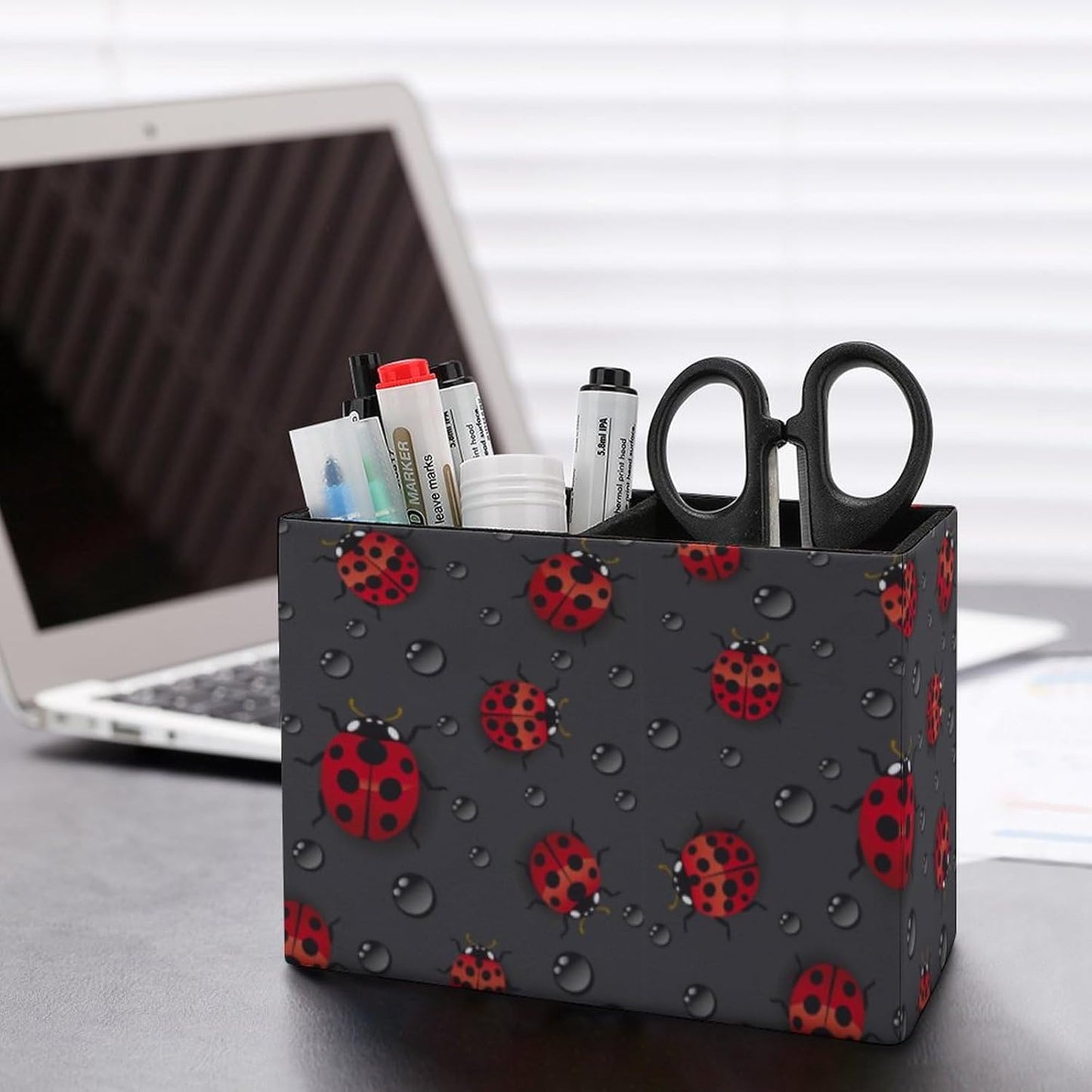Pen Holder, Pencil Holder for Desk Organizer, Red Ladybugs Waterdrop PU Leather Pencil Cups Desktop Stationery Storage Makeup Brush Holder Pen Organizer for Office Home