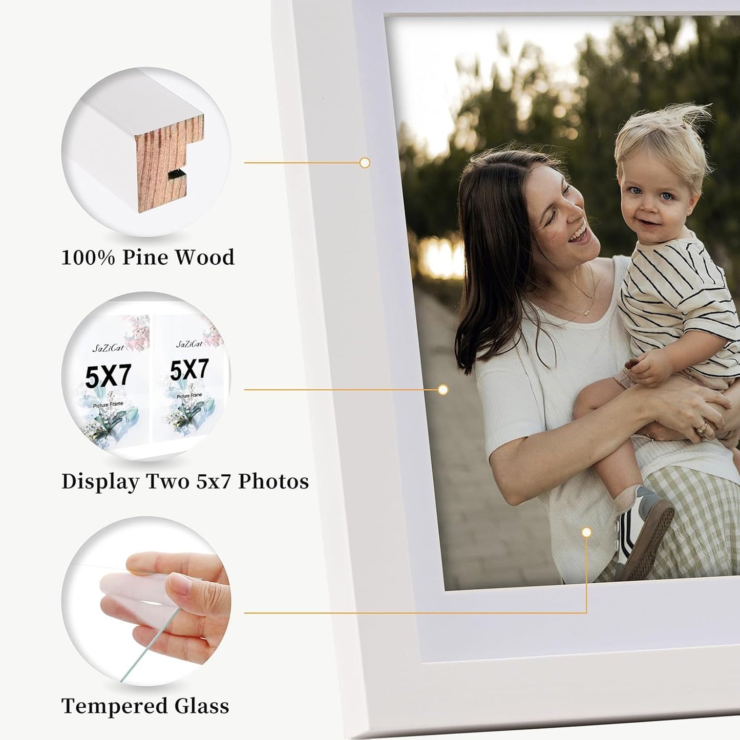 8.5x11 Pine Wood Collage Picture Frame Double 5x7 Picture Frame with Tempered Glass Fits 1Pc Certificate or 2Pcs 5x7 Photos With Mat For Tabletop or Gallery Wall Mounted-Bright White