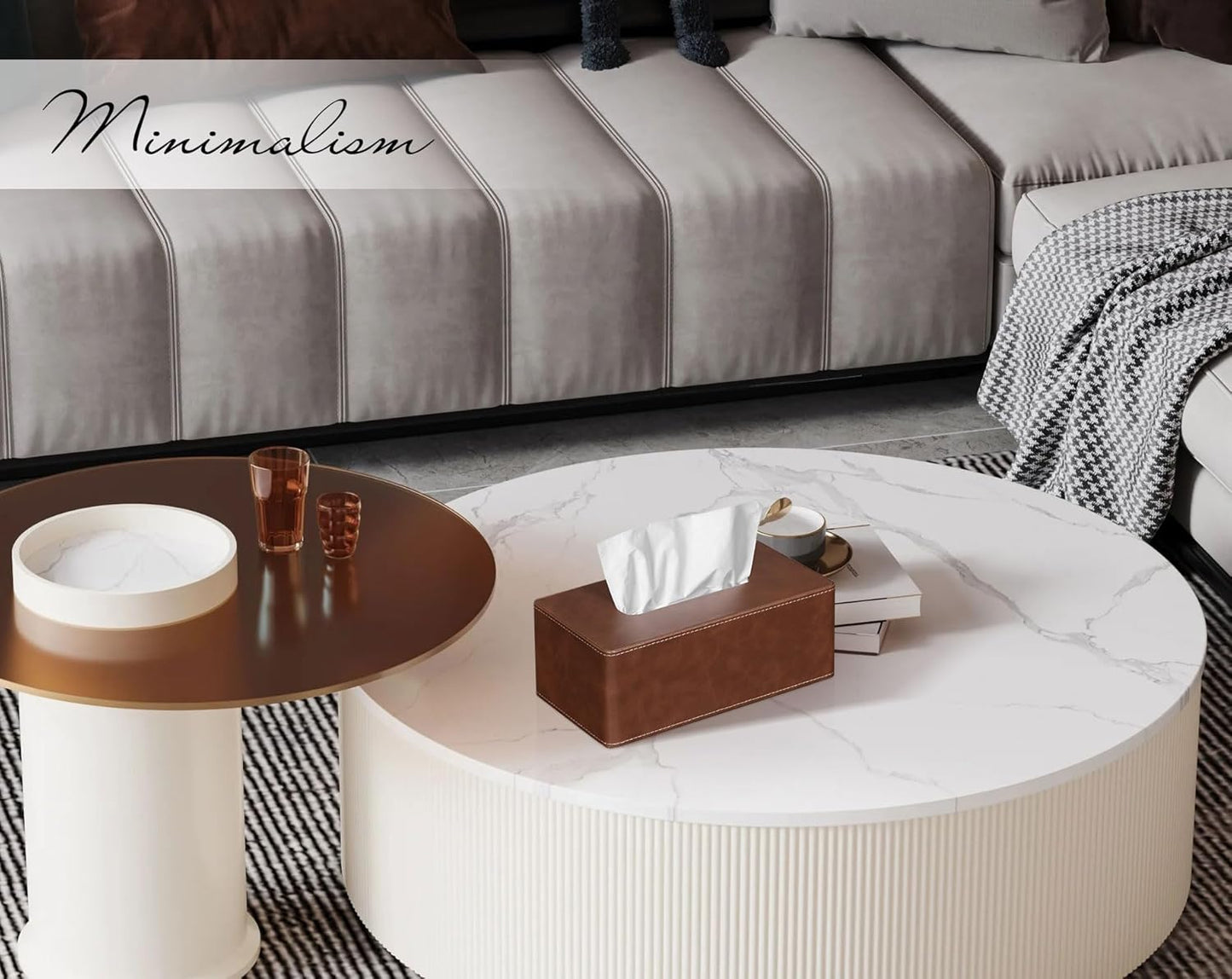 Tissue Box Cover Rectangular 9.8"(L) x 5.3"(W) x 4.3"(H) Refined Modern PU Leather Facial Tissue Dispenser Box Holder for Dresser Bathroom Decorative (Brown)