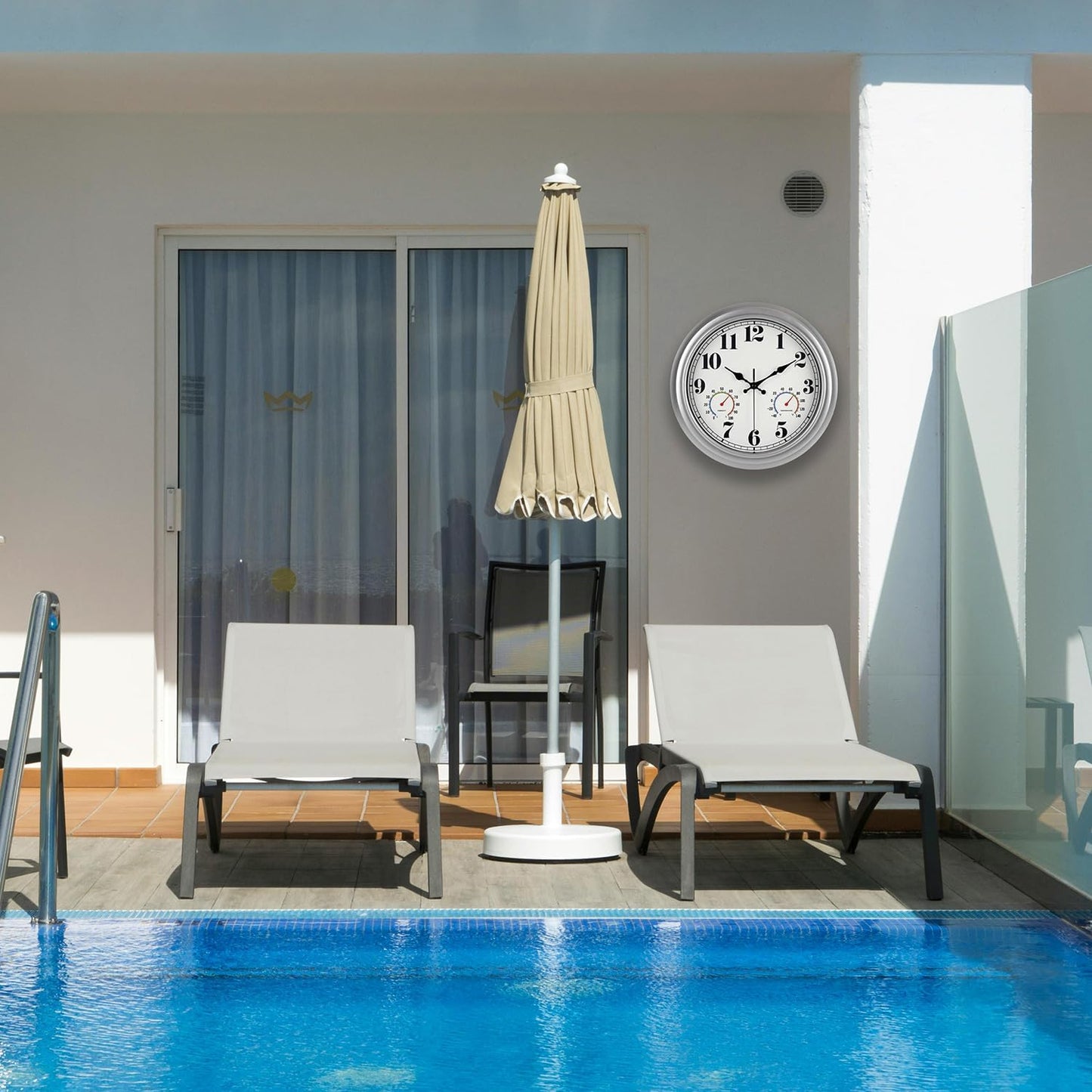 JENLYSTIME 13 Inch Outdoor Clock, Waterproof and Silent, with Thermometer and Hygrometer, Large Numbers for Easy Reading, Perfect for Home,Office,Bedroom,Kitchen,Porch,Garden,Pool(Silver)