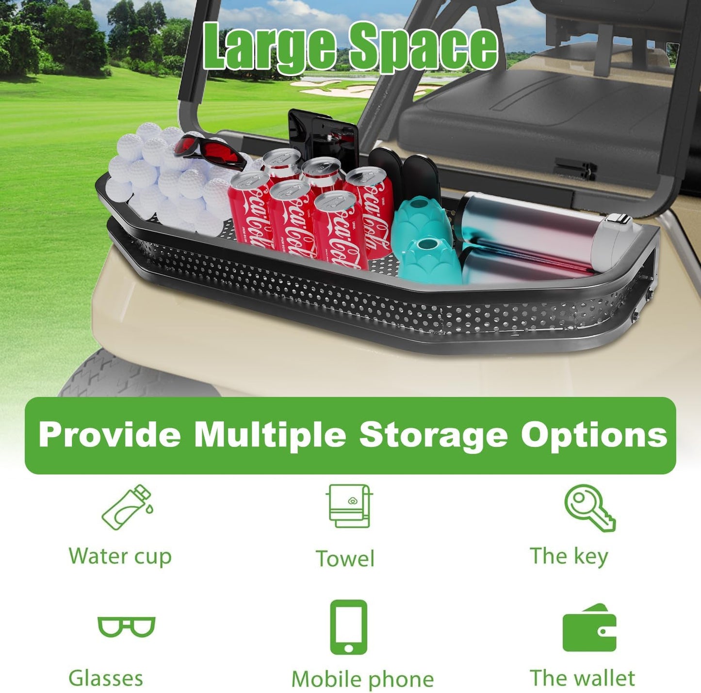 10L0L Golf Cart Front Clay Utility Cargo Basket for Club Car DS Gas & Electric, Heavy-Duty Steel Drop Mesh Storage Rack