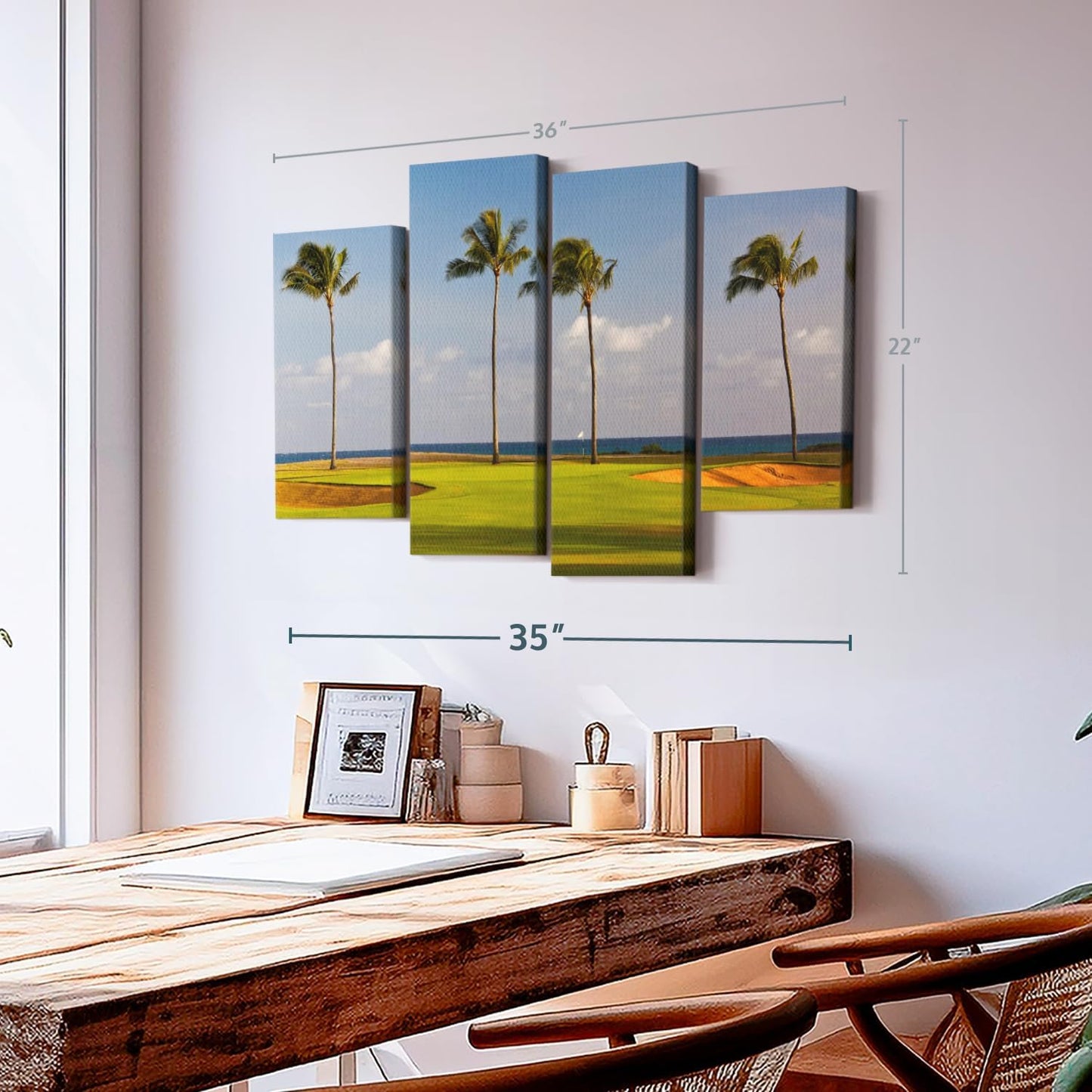 Elephant Stock Hawaiian Golf Course Wall Art - Horizontal Canvas - 4-Piece Living Room Wall Decor - Photography Sports Canvas Print - Green and Yellow Decor for Wall - 36" X 22"