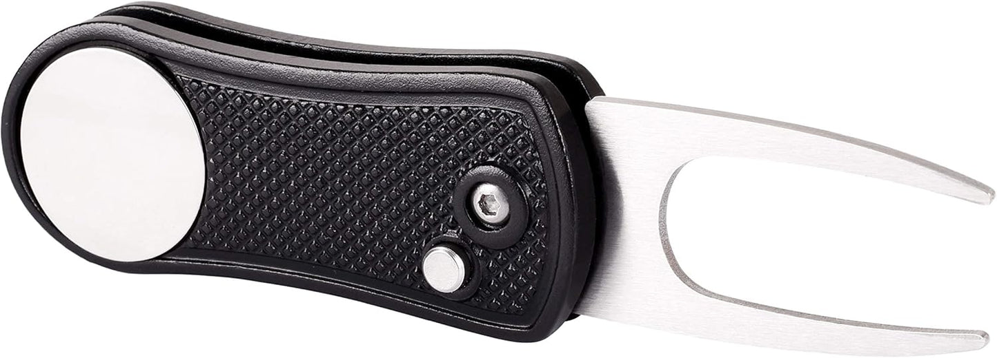 Mile High Life Golf Divot Repair Tool, All Metal Foldable Divot Tool with Pop-up Button & Magnetic Ball Marker