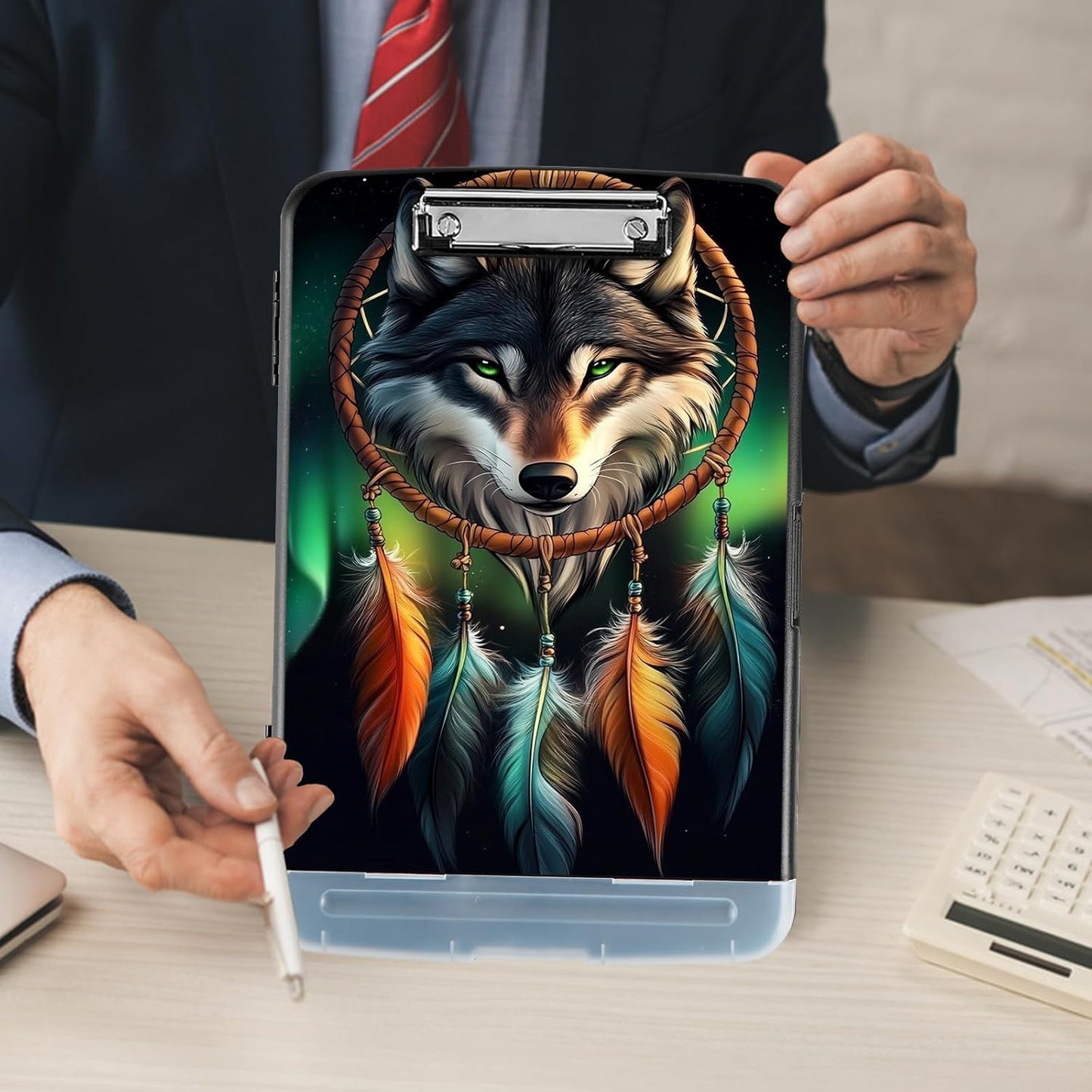 Clipboard with Storage - Large Capacity,Nursing Clipboard with Pen Holder,Heavy Duty,Plastic Side-Opening Folder for Teacher,Nurse - Wolf Dreamcatcher